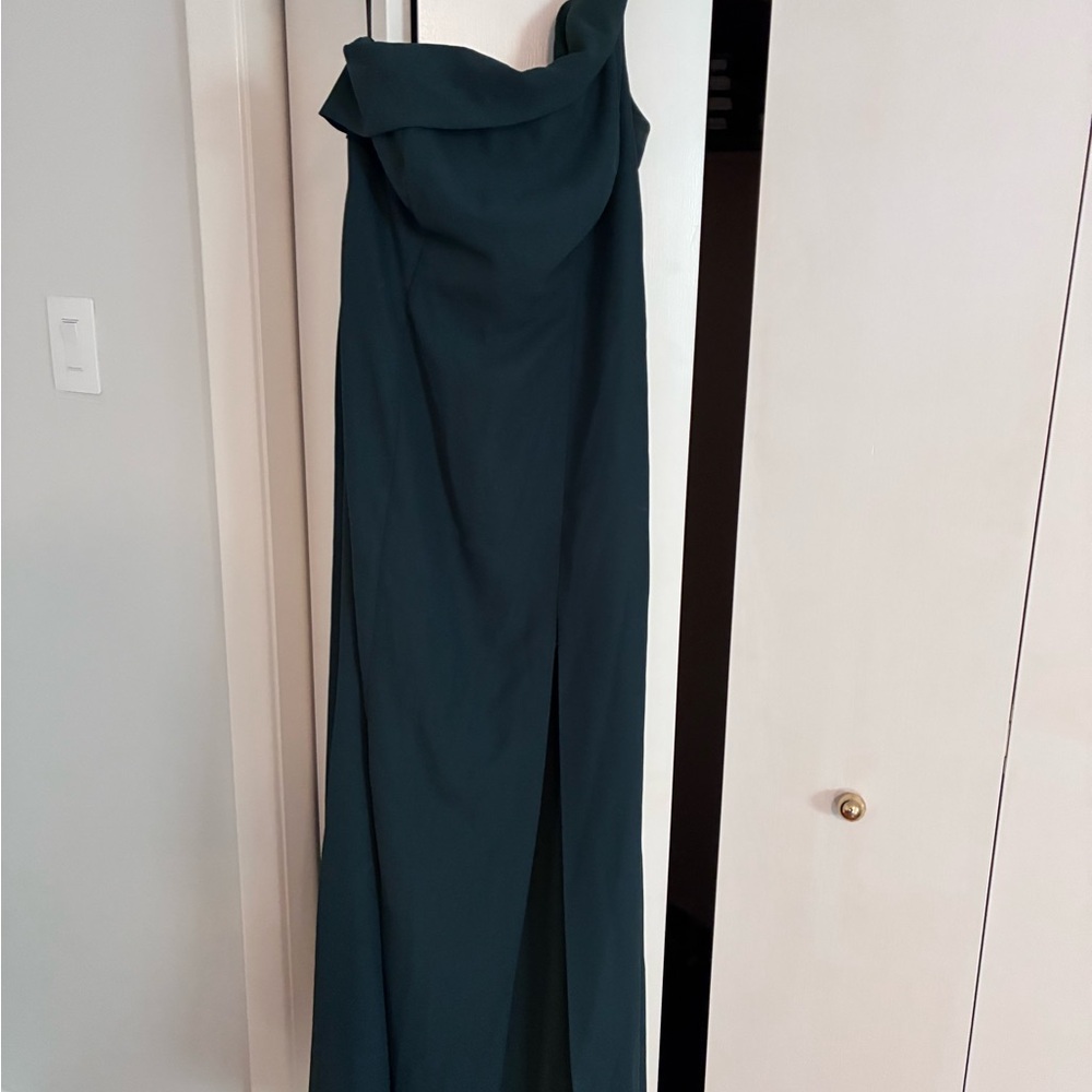 Dessy After Six Asymmetrical Off-the-Shoulder Cuff Trumpet Gown with front slit